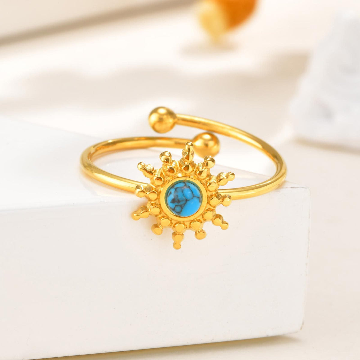 Stainless Steel Opal Natural Stone Sun Open Ring Gold – French