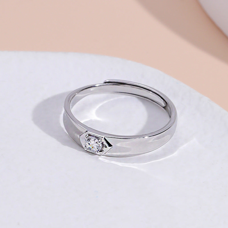 Round Zircon Concave Surface Opening Sterling Silver Ring