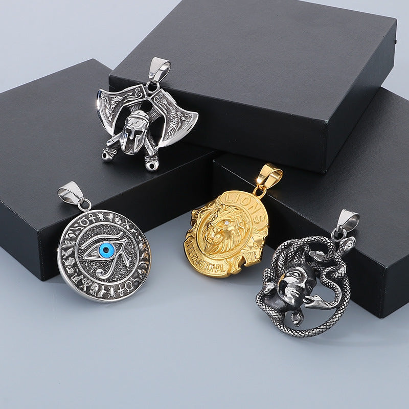Mythology Series Pendant, Retro Double-Sided God Axe Mask Devil'S Eye Snake Woman Titanium Necklace