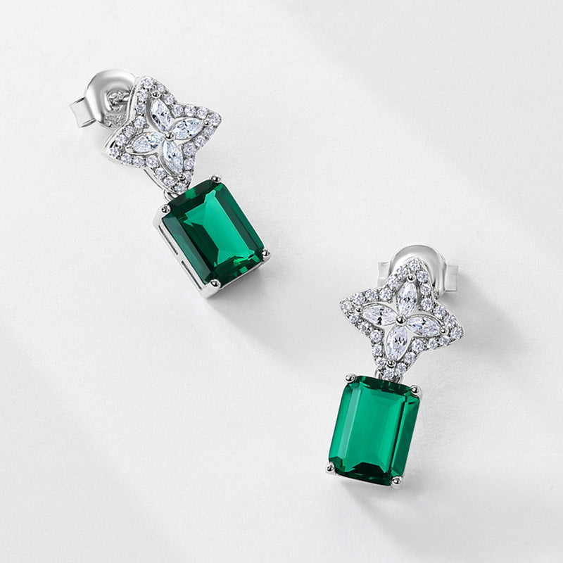 S925 Sterling Silver Lab-Grown Emerald Flower Stud Earrings