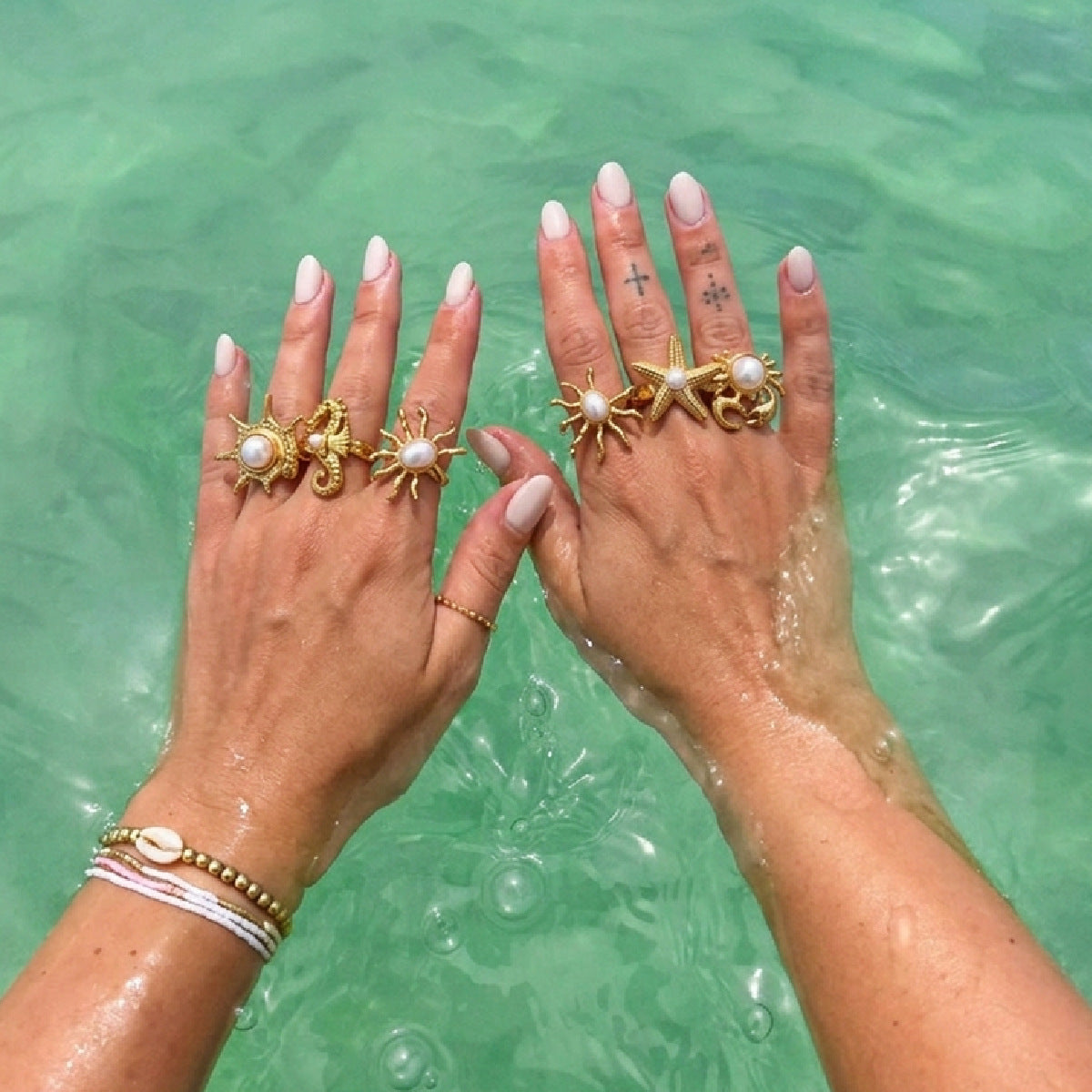 Planderful Ocean Starfish Ring With Imitation Pearl Adjustable Stainless Steel Statement Beach Jewelry For Women