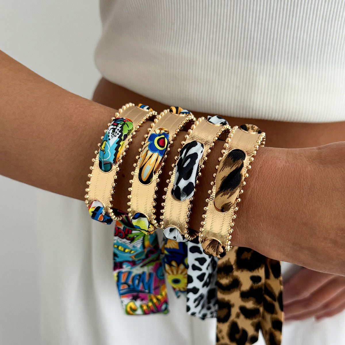 Planderful Collection Vienna Verve Bracelet For Women Hammer Pattern Wide Surface Opening Leopard Print Silk Scarf