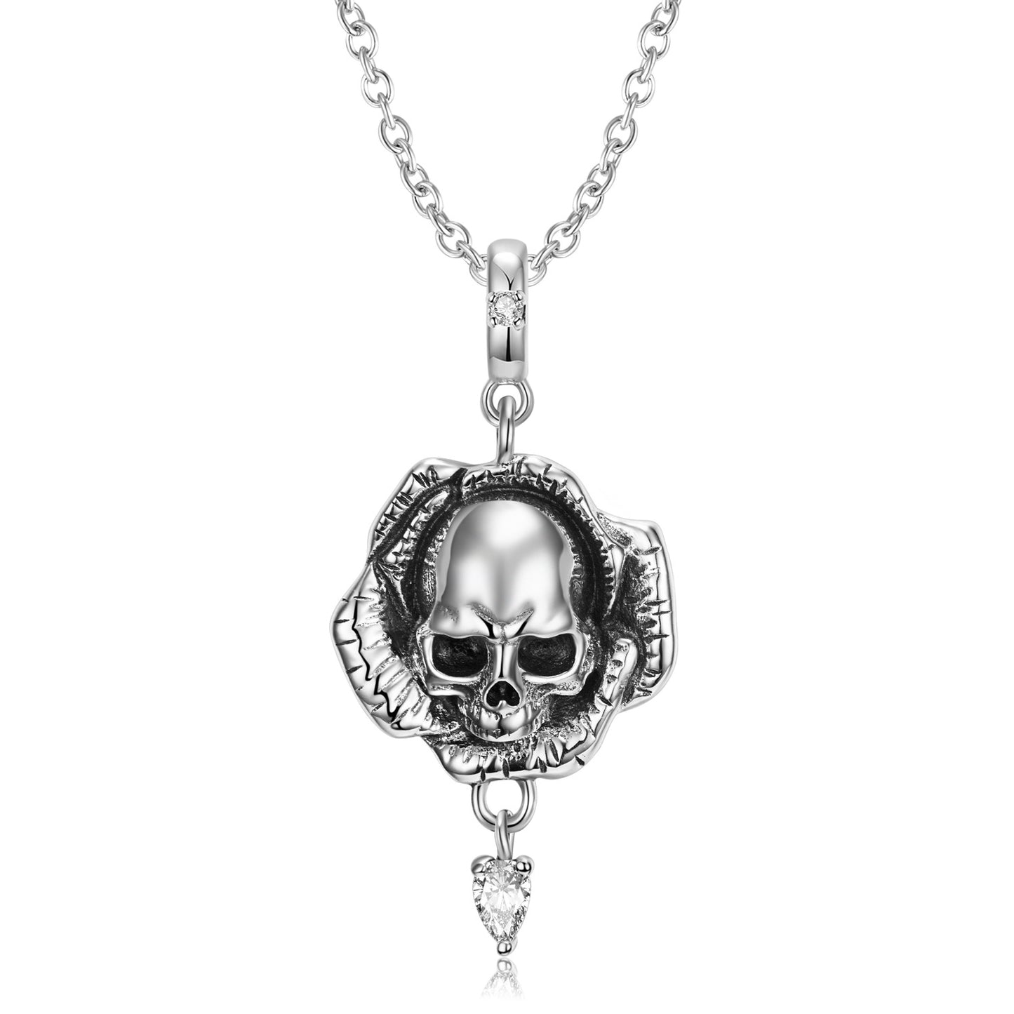 Halloween Skull Flower Pendant Pear Shape Zircon Silver Necklace