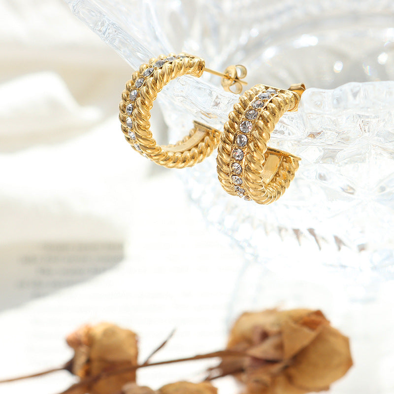 Celeb Chic: Elegant C-Shaped Zircon Earrings with Gold-Plated Threads