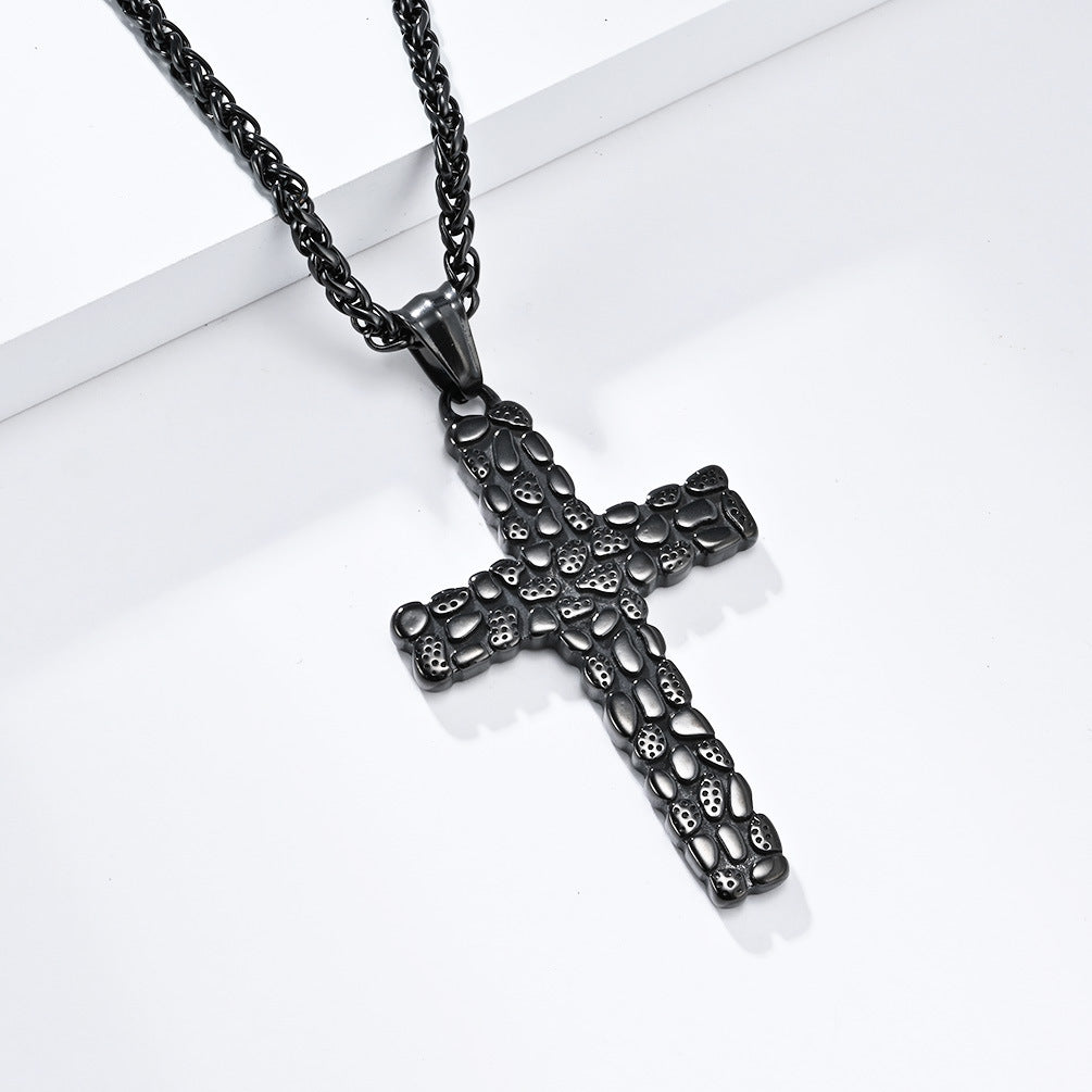 Cross-Border Retro Pebble Stainless Steel Cross Necklace Men