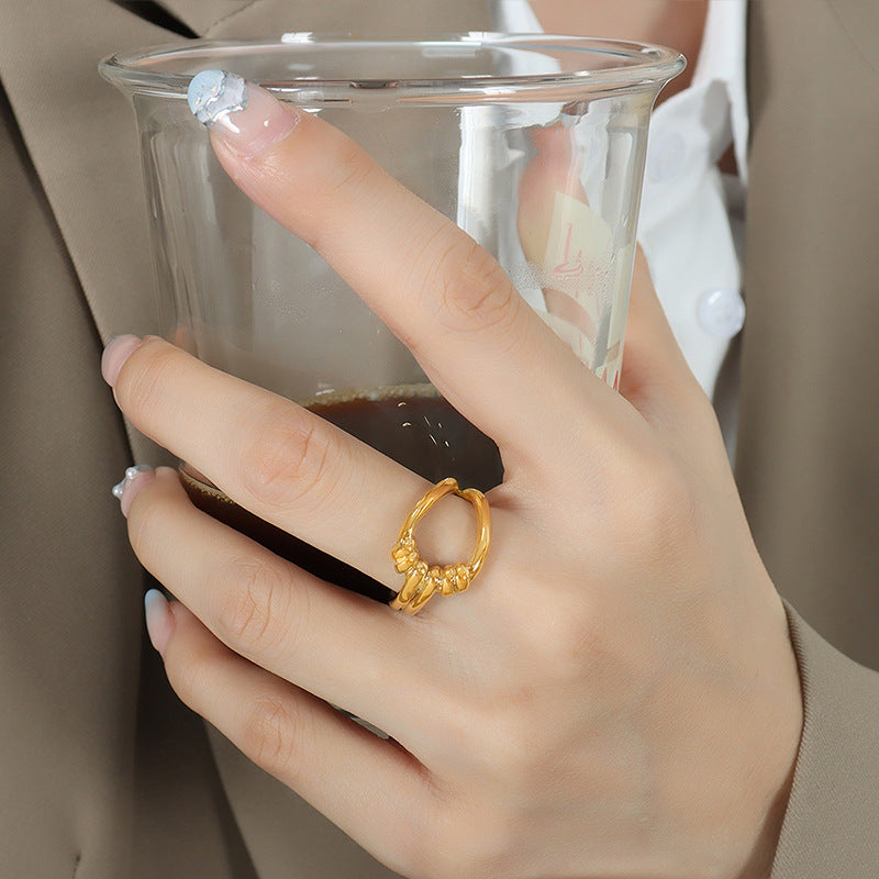 Luxurious Geometric Hollow Stacked Titanium Steel Ring - Elegant 18K Gold Plated Jewelry