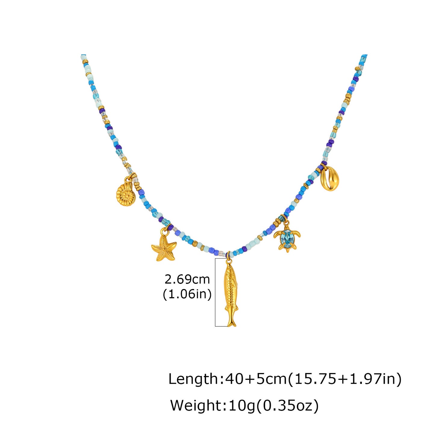 Ocean Wind Stainless Steel Ocean Fish Conch Starfish Dopamine Blue & White Color Beaded Necklace