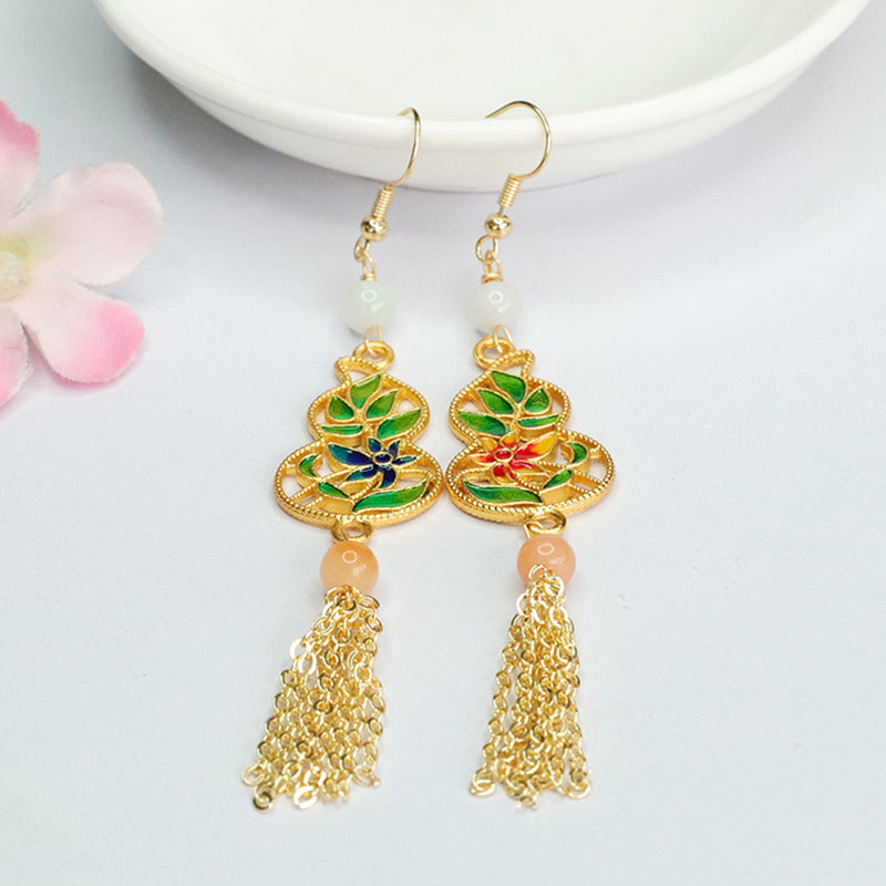 Jadeite Gourd Tassel Earrings with Enamel Ear Hooks-China-Chic