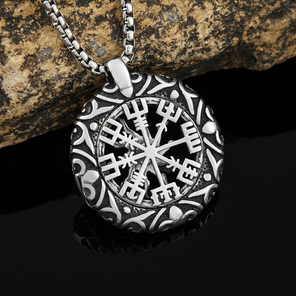 Stainless Steel Hollow Sun Pendant Compass Necklace for Men