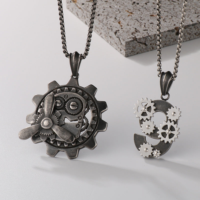 Age Of Steam Pendant, Punk Retro Stainless Steel Boiled Black Mechanical Gear Men's Necklace