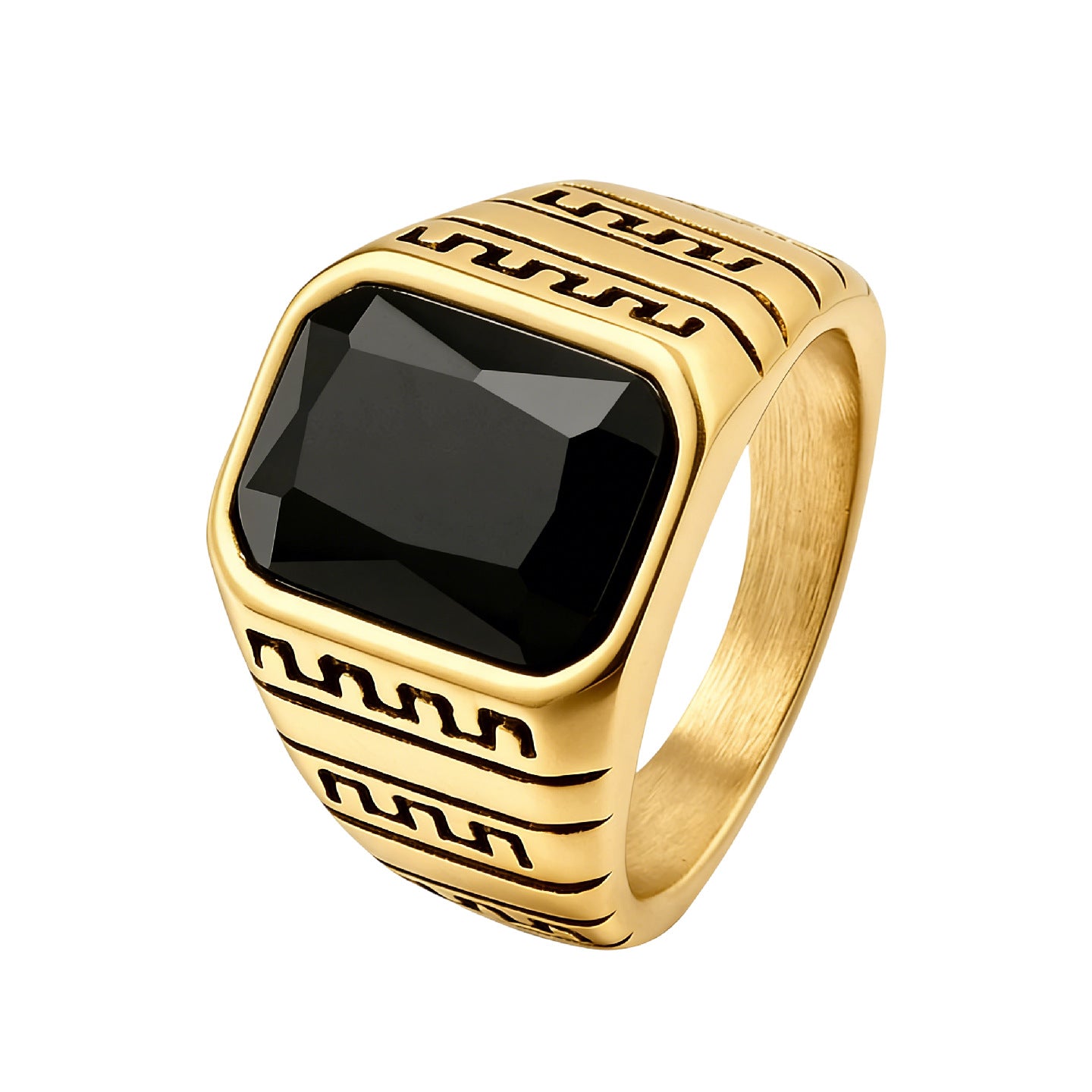 Planderful Titanium Steel Ring With Black Agate Great Wall Pattern Unisex Statement Jewelry Bold Protection