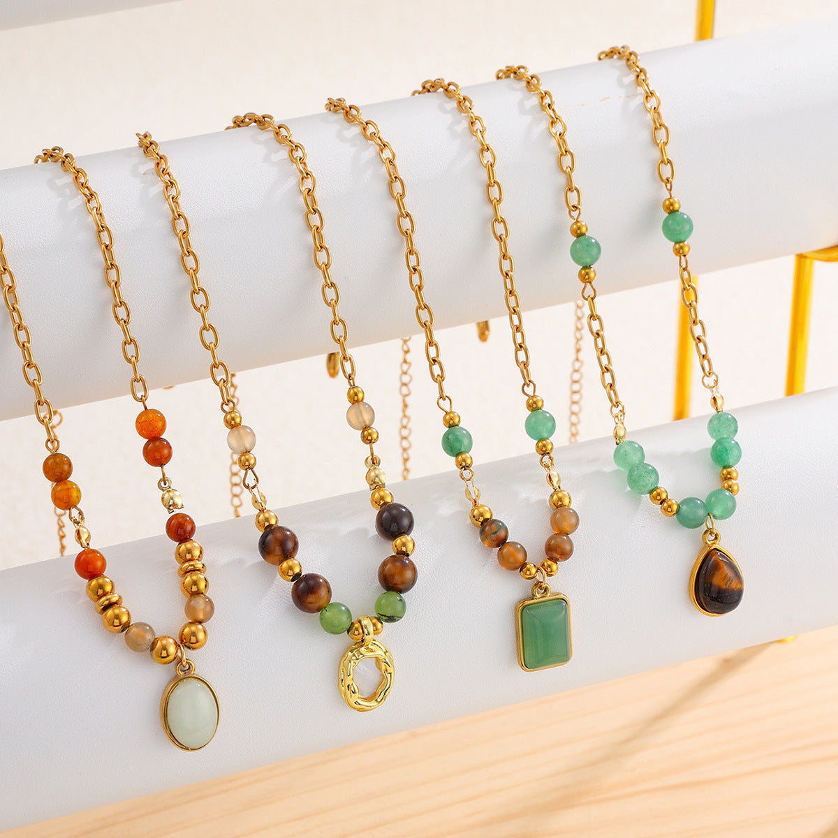 Vacation Gravel Pendant Beaded Collarbone Chain Retro Colored Gemstone Stainless Steel Neck Necklace