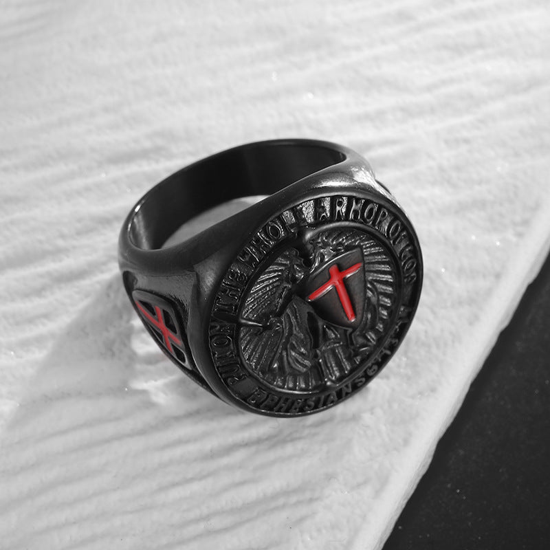 Planderful Everyday Genie Titanium Steel Gold Plated Ring Red Cross Shield For Men Hip Hop Style