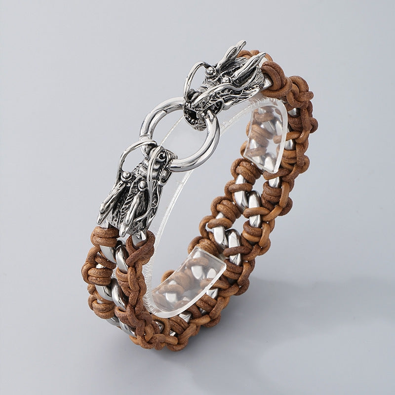 Planderful Mens Woven Leather Skull Bracelet Dragon Head