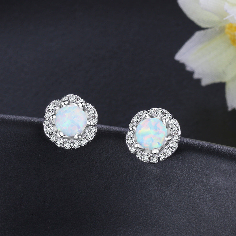 Planderful Jewelry Opal Stud Earrings Sterling Silver Flower