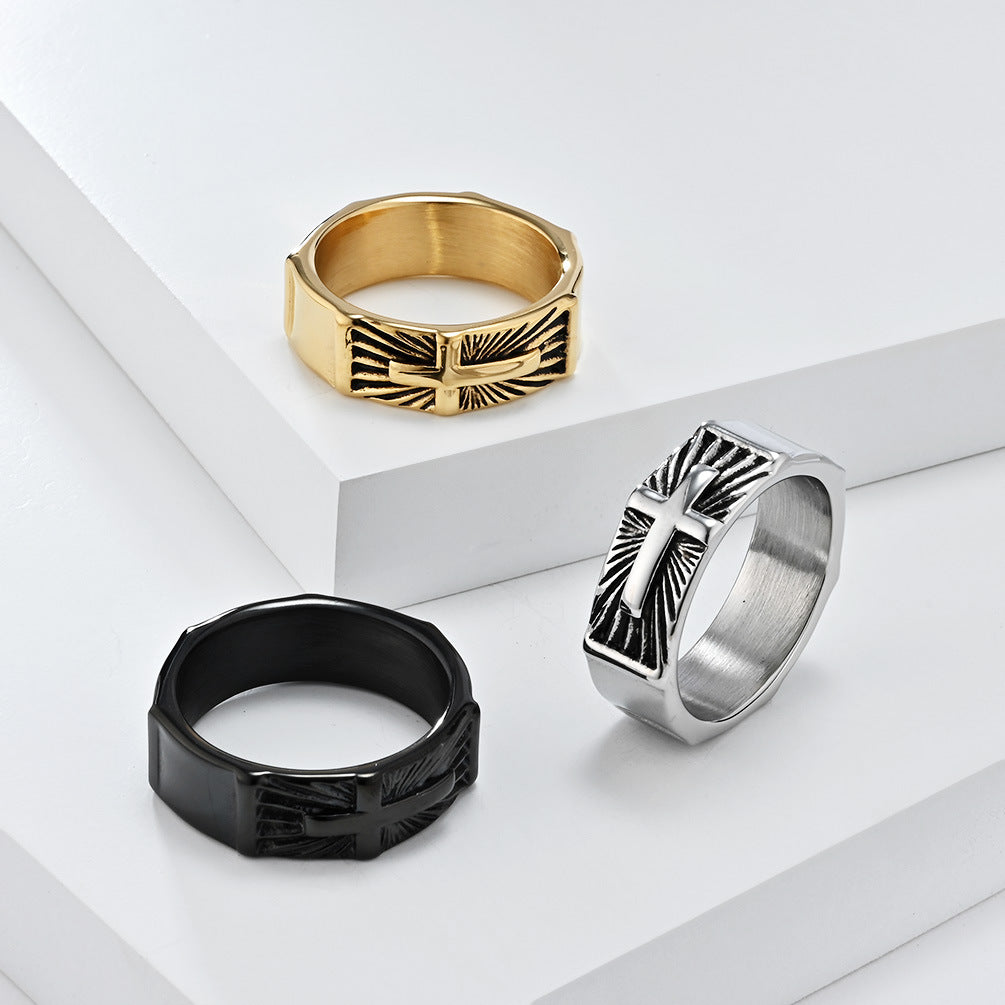 Cross-Border Retro Titanium Steel Cross Ring for Men