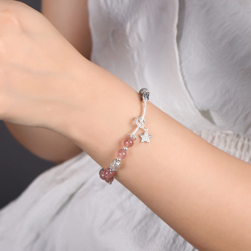 Strawberry Crystal Sterling Silver Bracelet with Stars and Moon Design