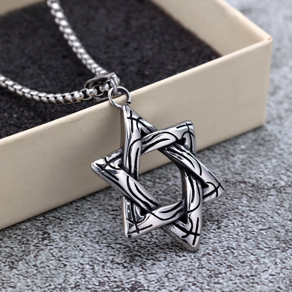 Planderful Hexagram Pendant Necklace Unisex Retro Stainless Steel Single-Sided Jewelry For Men And Women