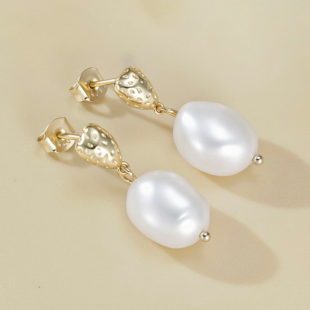 S925 Sterling Silver French Retro Baroque Natural Pearl Stud Earrings Light