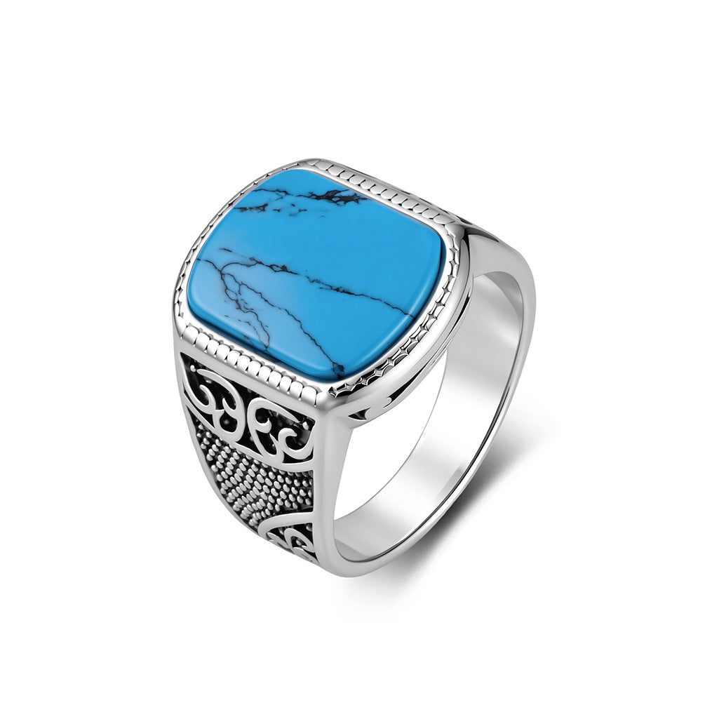 Tiger Turquoise Textured Vintage Stainless Steel Ring for Men