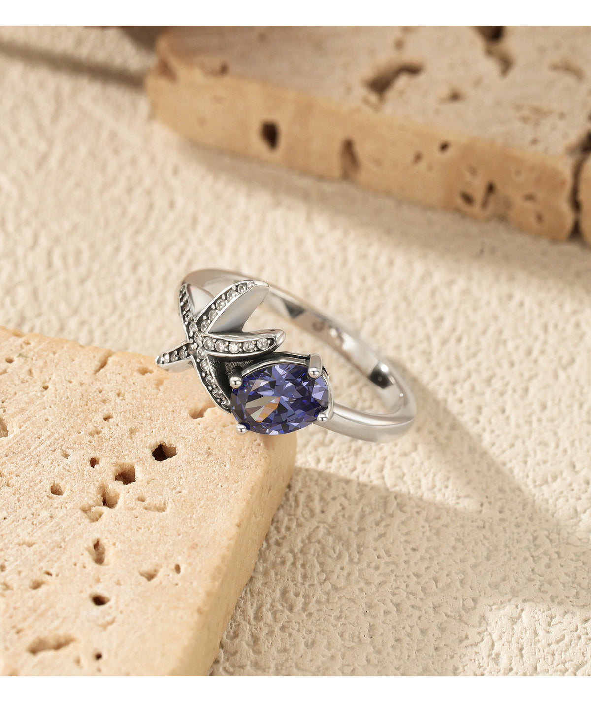 925 Sterling Silver Starfish Star Tanzanite-Color Zircon Ring
