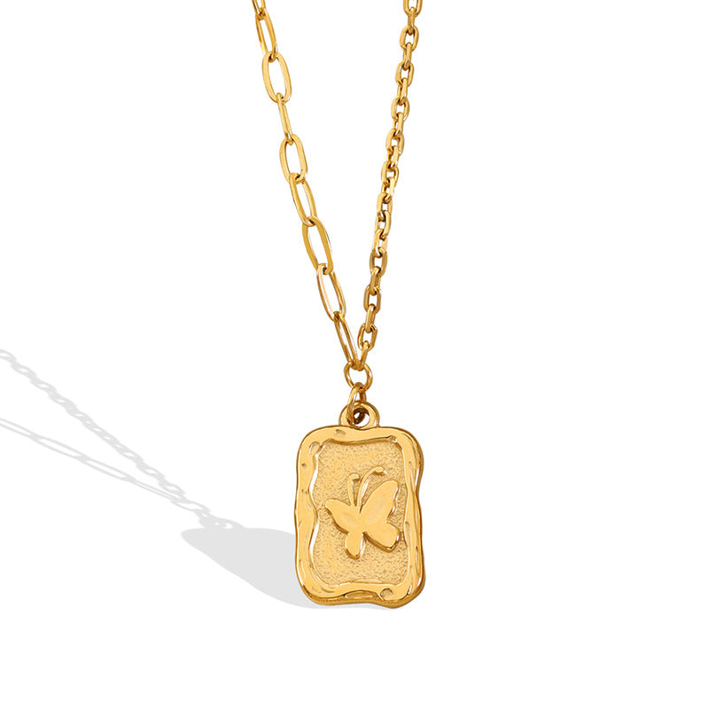 Butterfly Embossed Pendant Necklace with Gold Plated Chain and Clawbone Details