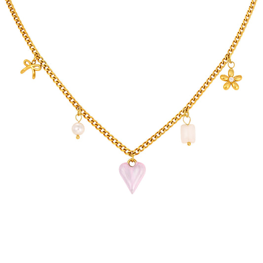 Stainless Steel Women's Heart-Shaped Imitation Pearl White Jade Natural Stone Bow Flower Necklace