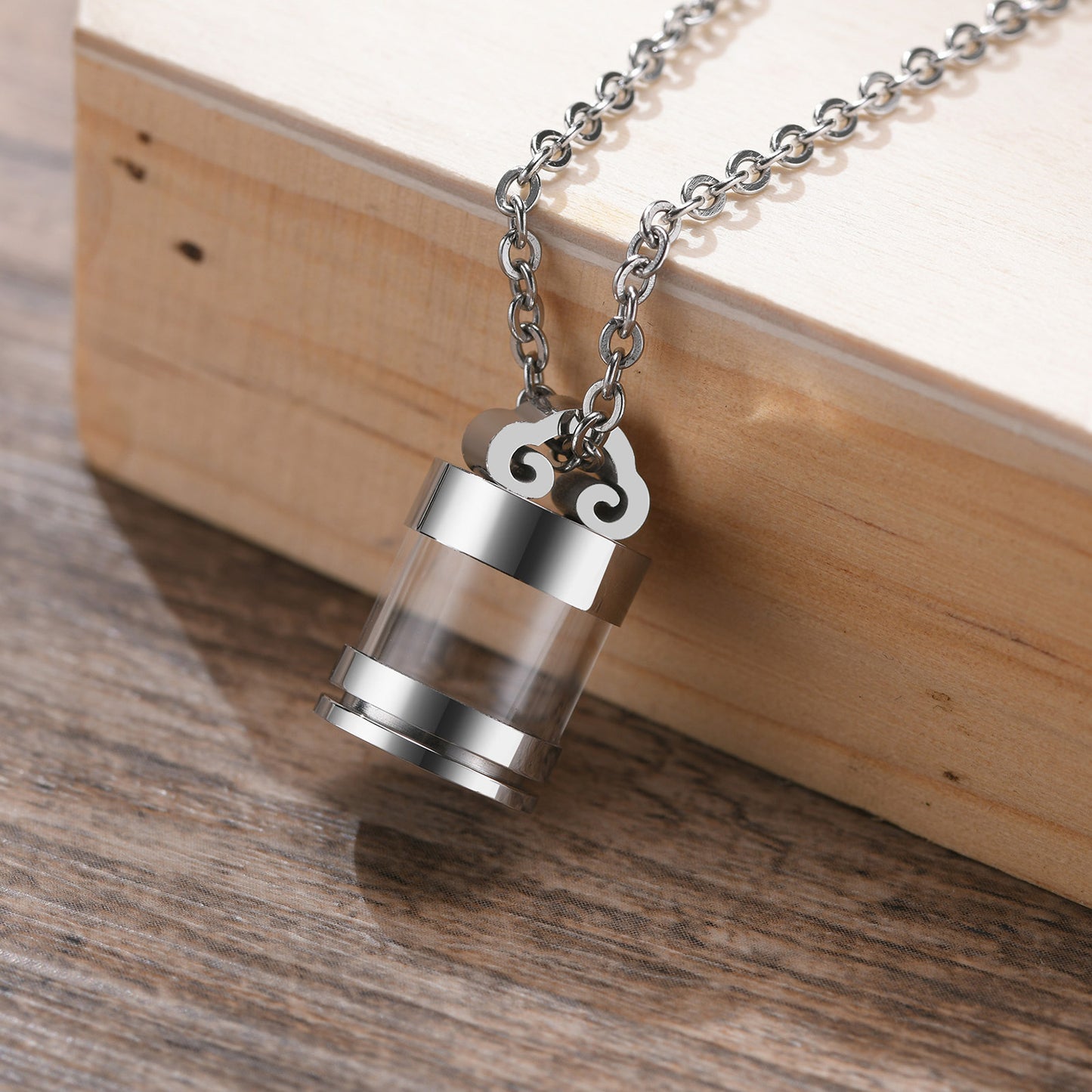Stainless Steel Glass Transparent Urn Pendant Necklace Case
