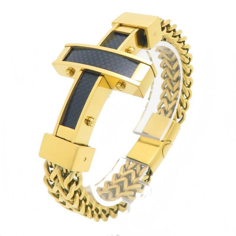 Hip Hop Carbon Fiber Cross Double Layer Front & Back Chains Magnetic Buckle Stainless Bracelet