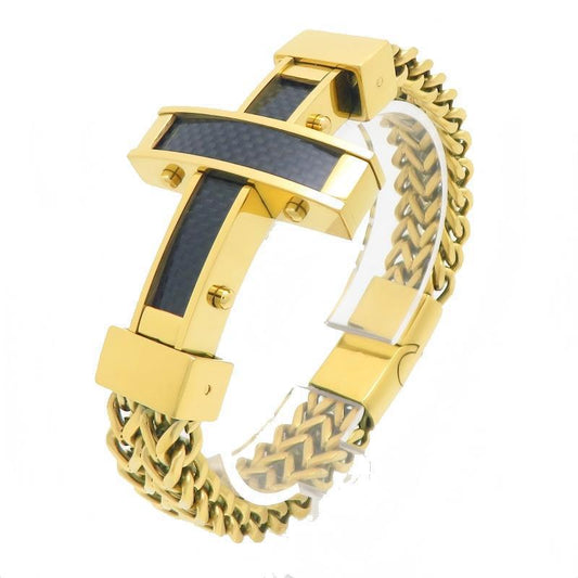 Hip Hop Carbon Fiber Cross Double Layer Front & Back Chains Magnetic Buckle Stainless Bracelet
