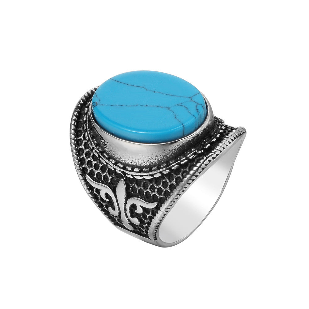 Planderful Everyday Genie Titanium Steel Ring Turquoise Black Stone For Men Unisex Punk Stage Protection Statement
