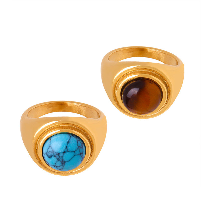 Luxury Tiger's Eye and Blue Turquoise Titanium Steel Couple Ring