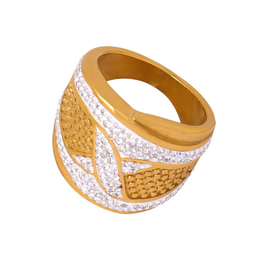 Extravagant Zircon-Adorned Gold-Plated Titanium Steel Ring - Luxurious High-End Women's Jewelry