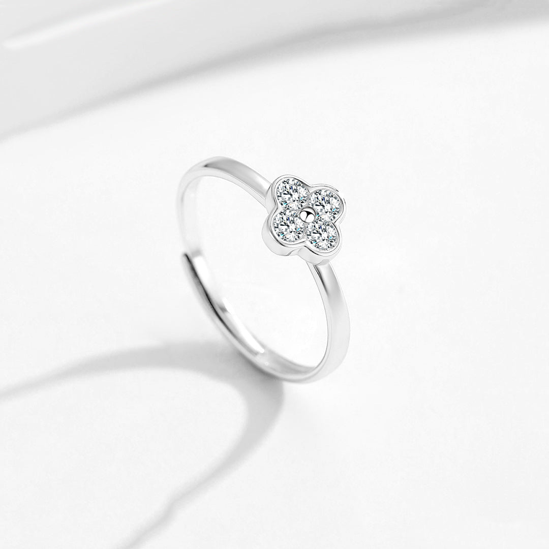 Planderful S925 Sterling Silver Four Leaf Clover Zircon Ring For Women Adjustable