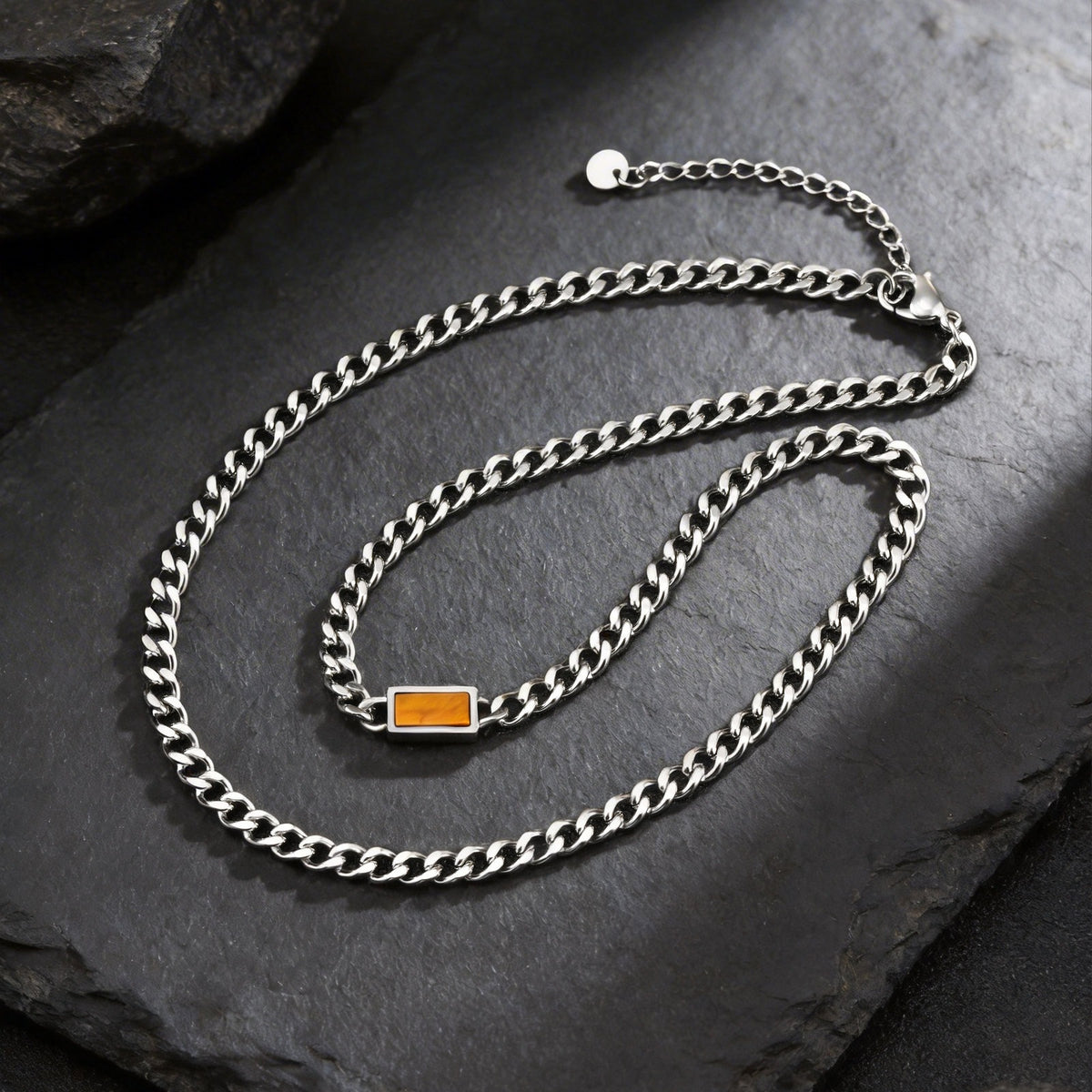 Stainless Steel Grinding Chain Square Tiger's Eye Stone Shape Sense Cool Sa Necklace