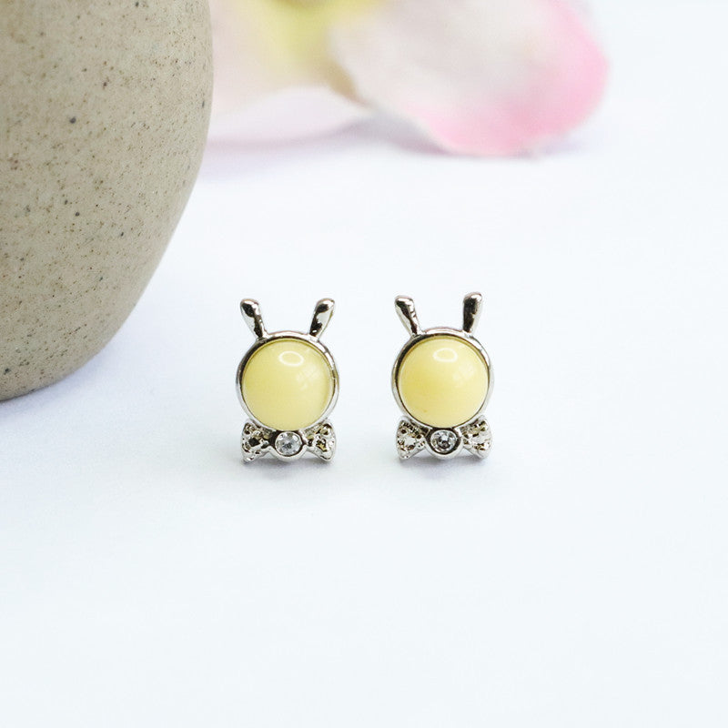 Beeswax Amber Bunny Bow 925 Silver Stud Earrings