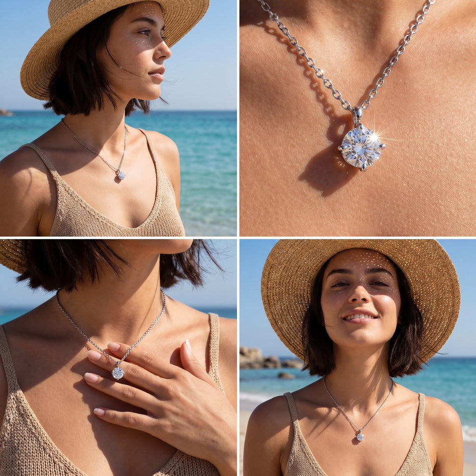 S925 Sterling Silver Moissanite Round Four-Prong Necklace