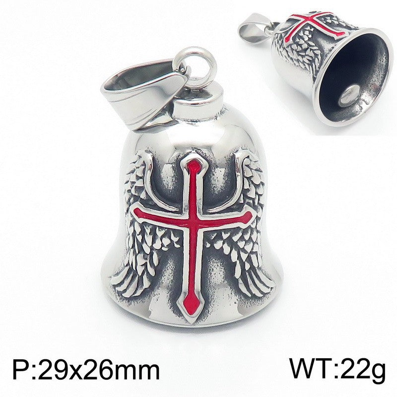 Viking Triangle Charm Locomotive Hanging Bells, Vintage Masonic Cross Angel Wings Bells Titanium Necklace