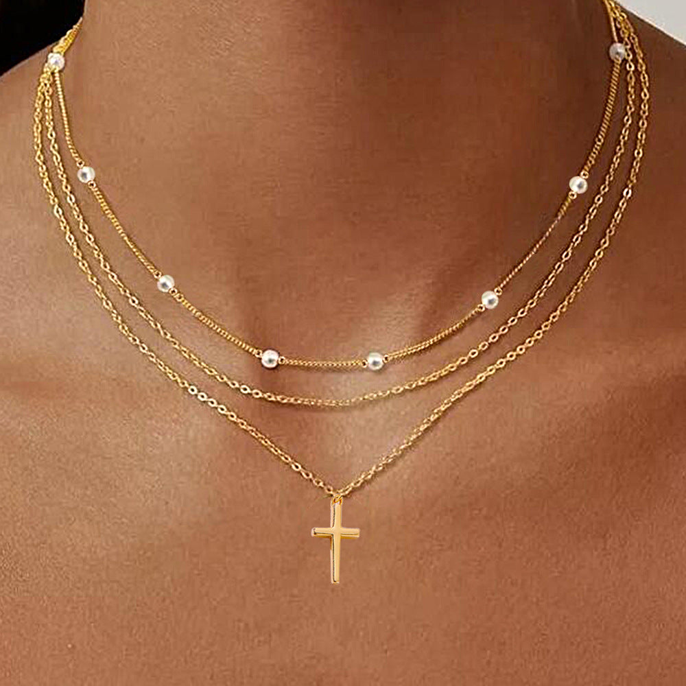 Retro Pearl Cross Pendant Sterling Silver Necklace Layered Stacked