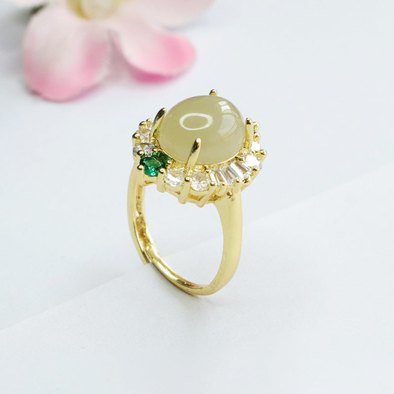 Exquisite Oval Hotan Jade Ring with Luxy Green and White Zircon Halo Features Sterling Silver Craftsmanship Handcrafted for Lasting Beauty and Comfortable Fit.