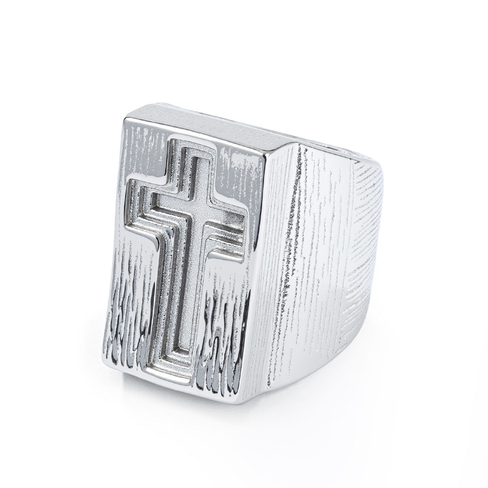 Planderful Titanium Steel Ring For Men Retro Cross Design Hip Hop Punk Niche Style Durable Dominant Finger Jewelry