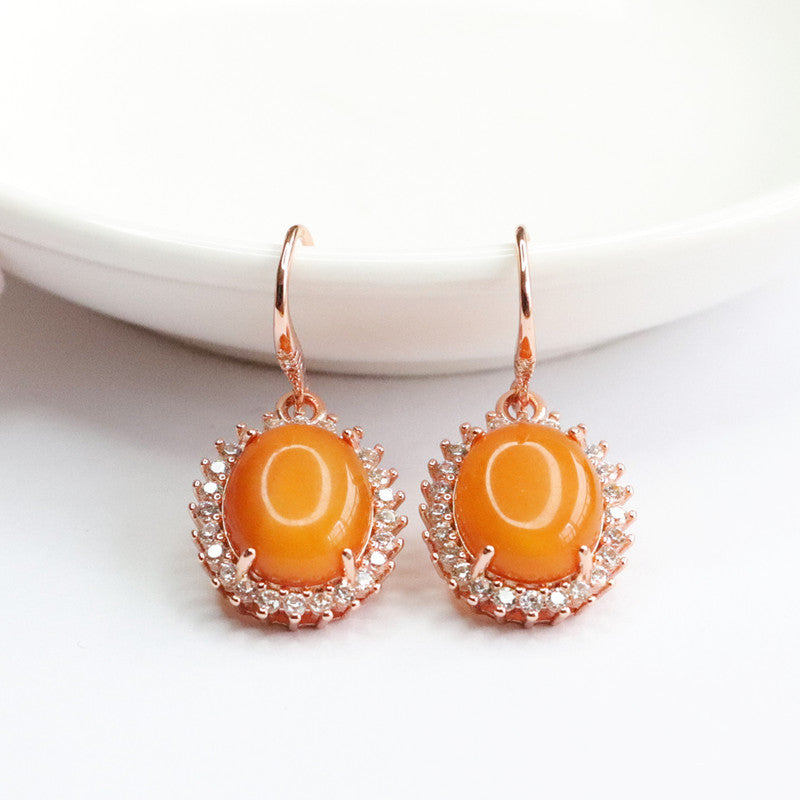 925 Sterling Silver Red Beeswax Amber Drop Earrings