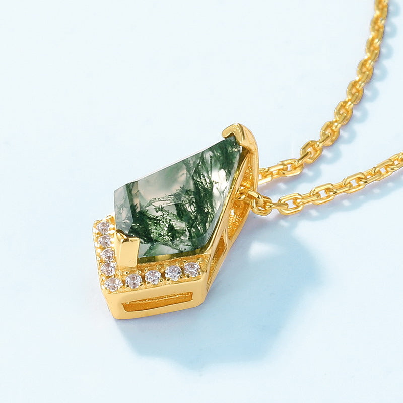S925 Sterling Silver Moss Agate Geometric Pendant Necklace