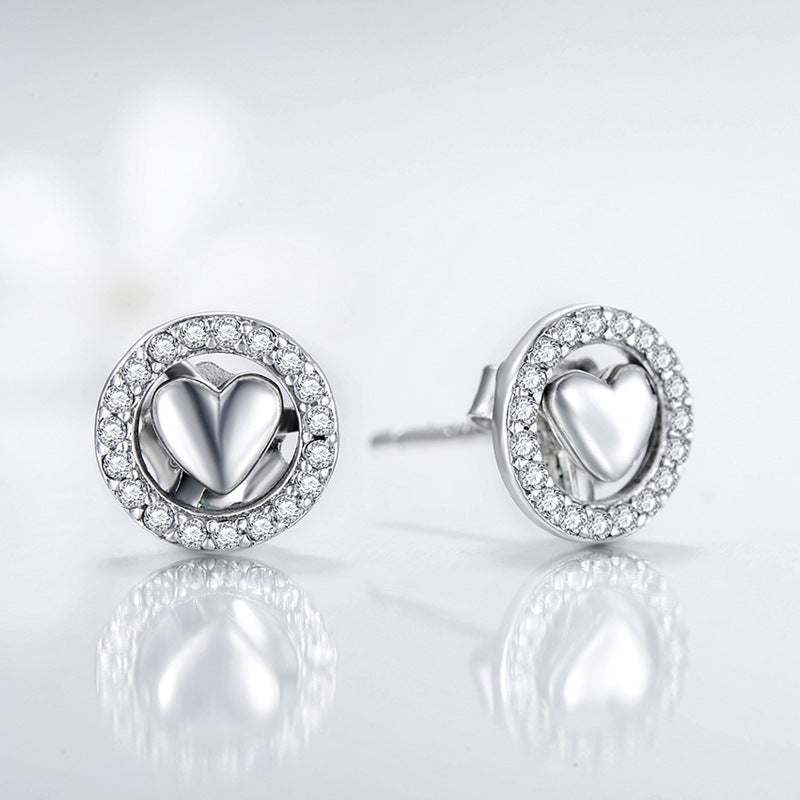 Stylish Sterling Silver Heart-Shaped Stud Earrings with Zircon Accents