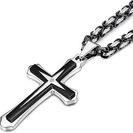 Planderful Two Tone Titanium Steel Cross Necklace For Men Double Layer Trendsetting Hip Hop Style Personalized Jewelry