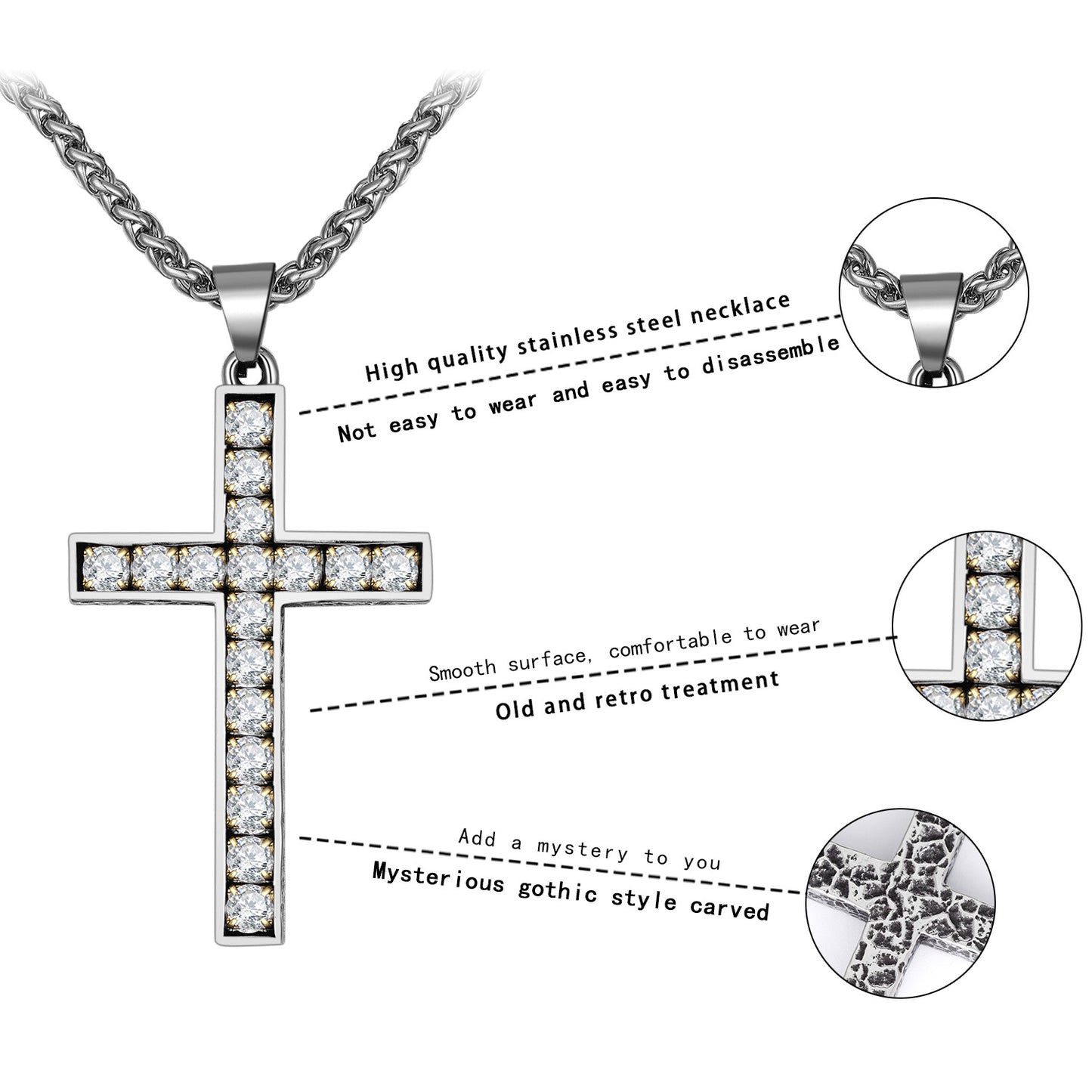 Zircon Necklace – Statement Unisex Cross Pendant Necklace In Stainless Steel For Everyday Style
