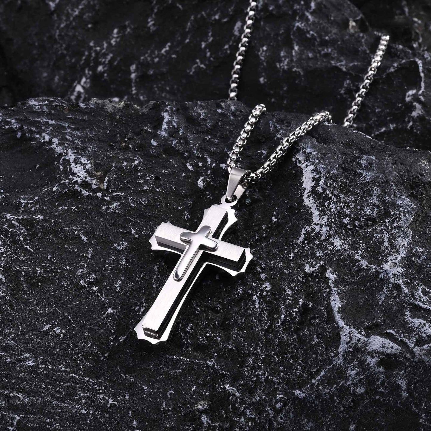Jewelry European And American Accessories Stainless Steel Three Layer Cross Pendant Necklace For Men