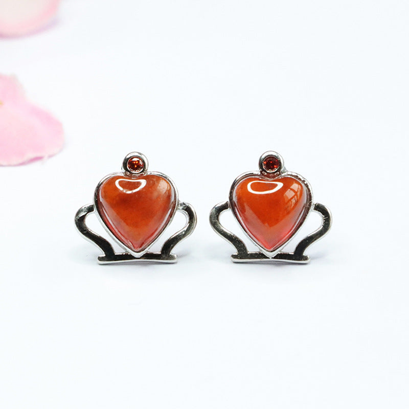 Orange Garnet Heart Crown 925 Silver Stud Earrings