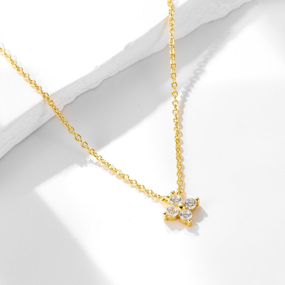 925 Sterling Silver Plated 14k Gold Inlaid Zircon Four-Leaf Clover Flower Pendant Necklace Daily