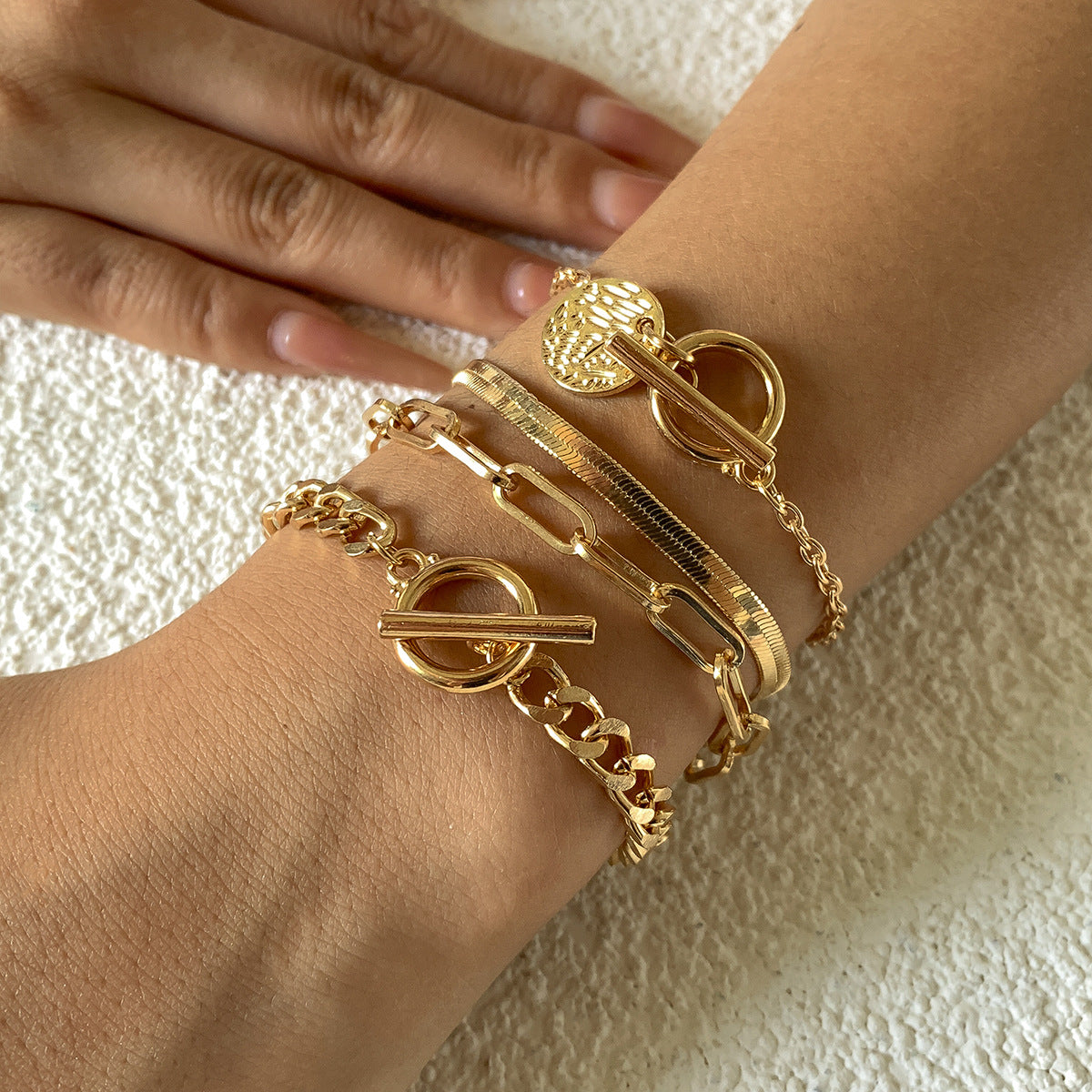 Planderful Vienna Verve Multi Layer Snake Chain Bracelet Set Buckle Tag Statement Jewelry For Women